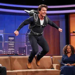 tom cruise, dressed as maverick, jumps on oprah's couch during an episode of the oprah winfrey show while wearing a jet pack, hyperreal