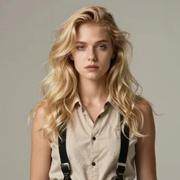 portrait of a blonde with long, voluminous hair, wearing ( black suspenders ) and a sleeveless button - down shirt, by donato giancola and nikolay makovsky.