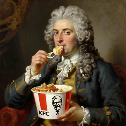 oil painting of Louis XVI eating a bucket of KFC, oil on canevas, in the style of Botticelli