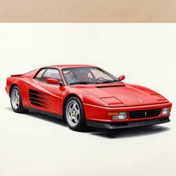 a drawing of a red Ferrari Testarossa with wheels and rims, an airbrush painting by Ed Roth, trending on cgsociety, modern european ink painting, matte drawing, airbrush art, detailed painting, 8k