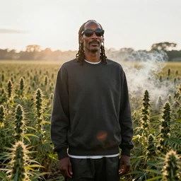 a still of Snoop Dogg wearing  sunglasses standing in a large field of Marijuana plants. Shallow depth of field. Magic hour, backlit, lens flare, heavy smoke in the air.