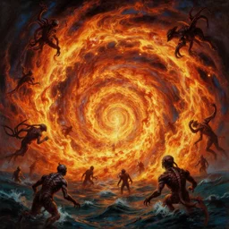 painting by wayne barlowe. the swirling portal in the ocean erupts violently with fire and brimstone with hellacious abominations flying out of the portal in droves. photorealistic. intricate details. 3 5 mm photograph. dramatic lighting. action shot. absolute focus. masterpiece.