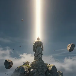a stone statue of a warrior in the distance. from above is a large beacon of light radiating from the statue. lots of small floating rocks surrounding the light. rocks floating in the sky. cgsociety masterpiece, artstation trending, by greg rutkowski, simon stalberg, greg manchess