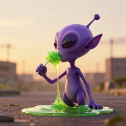 one eyed purple alien eating a lollipop made of hardened green slime, it has antennas as ears, signal the camera to get his best side, varying angles, wide shot, golden hour
