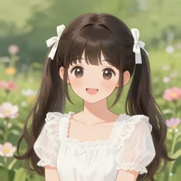 a beautiful digital illustration portrait of a pretty girl, happy kawaii, hestia, with bangs and twintails, dark hair with bow ties, wearing a white lace dress. in a flower garden, by ilya kuvshinov artgerm