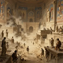 epic view of an ancient Byzantine city, full of strange statues and murals, full of smoke and dust, hyper real, Indiana Jones, Tomb Raider, trending on artstation, concept art, city