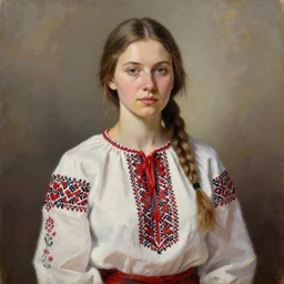 hyperrealism oil painting, portrait of ukrainian model in traditional vyshyvanka shirt