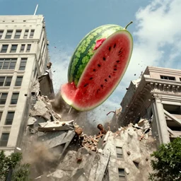 an big watermelon falling from the sky crush the high building cause big destruction, cinematic, movie still , Holywood quality