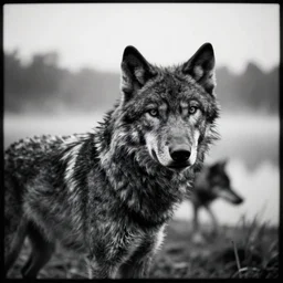 black wolf by Andrei Tarkovsky, mist, lake, lomography effect, photo, monochrome, photo blurring, 35mm