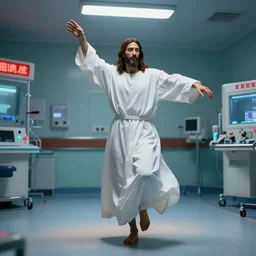 jesus christ wearing a white robe, dancing in the emergency room, hyper detailed, accent lighting, dramatic light, 4 k octane render