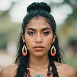 beautiful female portrait, taino, rule of thirds, ( ( head shot ) ) haze, intricate, neo classic, 5 0 mm, sony, puerto rico, symmetrial, face, makeup, sephora, shades, octane render, vouge, national geographic, maybelline, model, gorgeous, traditional, film grain, vsco, bokeh, 8 k, unreal engine
