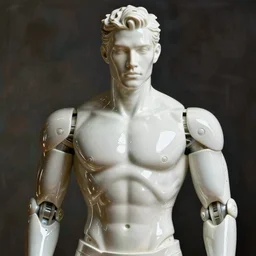'futuristic blanco ceramic humanoid robot macho guapo with a handsome face and muscular body'