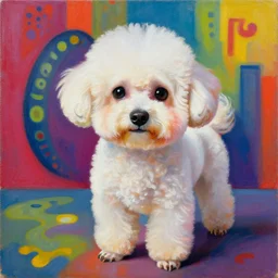 a beautiful painting lovely toy bichon frise, by picasso by kusama yayoi award - winning art, andy warhol color, dramatic light, octane render, color screen printing
