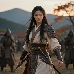 gorgeous warrior princess in a battle scene, open long hair, beautiful intricately decorated clothing, natural pose, mountains on the back, autumn tree, backlight, dusk, shallow depth of field, highly detailed matte painting, coherent composition, karole bak, mohrbacher, hasui kawase
