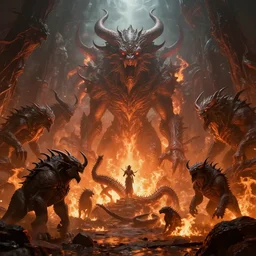 chaotoc underworld filled with mythical beasts, demons, fiery atmosphere, concept art, volumetric lighting, hyperrealistic, detailed, cinematic