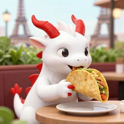 white and red anthropomorphic dragon with red horns eating a taco in french cafe, with eiffel tower visible in the background behind greenery