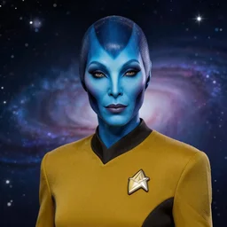 Portrait of an Asari from Mass Effect, blue skin, as a Starfleet officer, Starfleet uniform, stars, nebula, sparkling, bokeh, 50mm, highly detailed by Paul Lehr