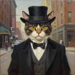 oil painting on canvas depicting a gangster cat in 1930's chicago, award-winning masterpiece