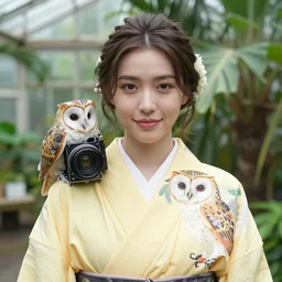 portrait photograph of beautiful!!!! young female model, symmetric face!, symmetric eyes, slight smile, natural light, wearing a yellow kimono with a very detailed barn owl! on her shoulder in a tropical greenhouse. looking at the camera!!. super resolution. Extremely detailed. Graflex camera!, bokeh!!!!!.