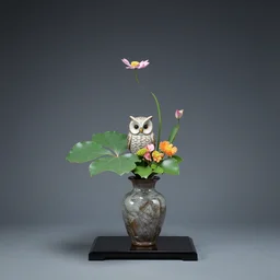 an owl ikebana vase, japanese ikebana flower arrangement, summer, glazed clay, traditional japanese pottery, zen,