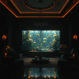 videogame screenshot of a very dark dreamy luxury maximalist living room, tropical fish aquarium, candlelight, sunset glow, dark shadows, god rays, chiaroscuro, backlit, octane render, volumetric lighting, raytracing, symmetrical wide shot low angle