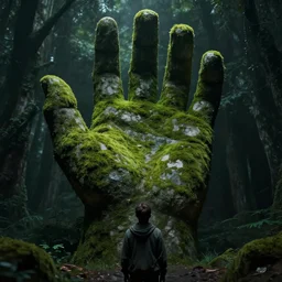 Someone looking up at a huge Hand made of stone overgrown with moss, dramatic lighting, unreal engine, movie scene, megalophobia