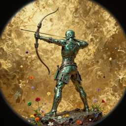 An epic fantastic realism comic book style painting of a distressed bronze archery sculpture from the future by Stanislaw Szukalski, beautiful colorful flowers rain down, gilded marbled paper background, archer, fisheye lens, unreal 5, DAZ, hyperrealistic, octane render, dynamic lighting