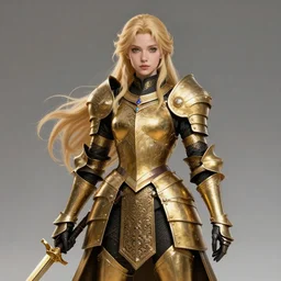 Blond Lady Knight in an ornamental Gold and Black armor, fantasy, trending on Artstation, trending on Deviantart, artstationHQ, artstationHD, full color H- 768