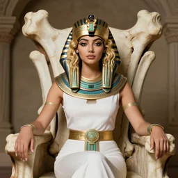 bust portrait of girl sitting on bones throne, egiptian empire costume, blonde, curly hair, clean face, provocative make up, symmetrical face, smooth skin, jewelry,, ecstasy, cute, fashion editorial photography, hyperrealistic, from vogue magazine, ultra realistic, reflections, teal and orange