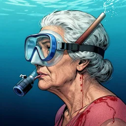 a profile photo of a old woman with a diving oxygen mask with side profile blood in ocean intricate details by MARVEL comics and Sandra Chevrier-C