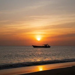 highly detailed photo of beautiful sunset on beach, silhouette of a boat in sea, hyper realistic, concept art, 8 k detail post - processing