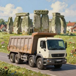 classic oil painting, a dump truck visiting stonehenge, as a dnd character, on a sunny populated suburban street, cottagecore, highly detailed, digital illustration, concept art, smooth, sharp focus, art by greg hildebrandt, and tim hildebrandt