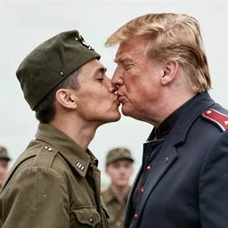 a wwii soviet propaganda portrait of kim jong - un kissing donald trump by rei kamoi and dan mumford and robin eley