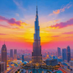 an amazing beautiful detailed painting of the burj khalifa with a sunset over a cityscape. the colors are very vibrant and the view is stunning. vibrant colors, very funny, personal, positive, visually pleasing, engaging and contains humans. high resolution. high quality. hq hd. trending on artstation.