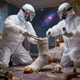 hazmat team removes crusty stained stiff sock from bedroom using tongs taking photos, digital art, cosmic, 3 d high definition, trending on artstation, photorealistic, high resolution, vray, 8 k, octane, trending on, hdr, hyper detailed, insane details, intricate, elite, ornate, elegant, unreal engine