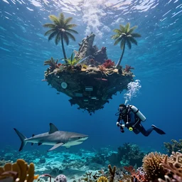 beautiful unimaginable wonderful underwater life under the island, scuba divers fight sharks, cyberpunk, island with palm trees on the ceiling
