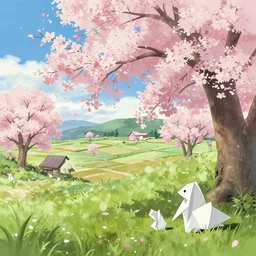 beautiful illustration of an origami landscape in a cherry blossom storm, japanese countryside, in the style of Katsuhiro Otomo and Takehito Harada and Yoshitaka Amano