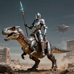 a cybernetic knight holding a lance, riding a cyborg raptor, sci fi, retro, film still, alexa65