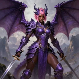 full portrait, solo character!, an alluring dragon hunter, female, intricate purple armor, dragon themed, ornamental, sprouting wings, dark brown skin, short pink hair, swords, battle pose, background filled with mountains, boudoir pose, epic, highly detailed, extremely detailed face, high fantasy, digital painting, by artgerm and greg rutkowski and alphonse mucha, artstation