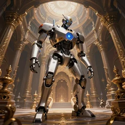 Vivec Robot, in a temple, elaborate, intricate, beautiful, magical, hyperrealistic, DAZ, unreal 5, fisheye, dynamic lighting, art by Greg Rutokowski