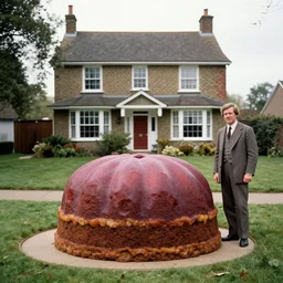 a man stands next to the world's largest plum pudding in front of a suburban english house in the year 1 9 7 9