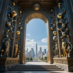 carved futuristic gateway at the end of ancient ornate steps with a wide view of city which details the vast architectural scientific and cultural achievements of all humankind, complex composition, molecules, renato muccillo, andreas rocha, jorge jacinto, damian kryzwonos, ede laszlo, artstation, digital art, high contrast, cinematic blue and gold