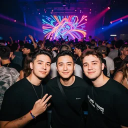 in the front 3 friends partying facing the camera, body forward, in the back a huge crowd and neon art, abstract style