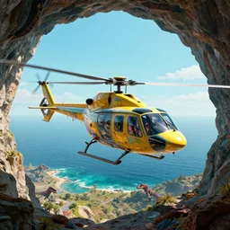 a futuristic helicopter hovering in a cave overlooking the ocean, jurassic landscape, 4 k, hyper realistic, coherent design, symmetrical, vivid colour, complementary colour, golden ratio, detailed, sharp lines, intricate, rainbow shift, in unreal 3 d engine, ray tracing, octane render