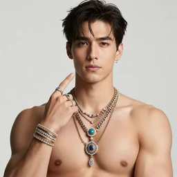 a photographic character model design of a very handsome young masculine man wearing excessive jewelry in an ornate and elegant way, flirtatious and intrigued