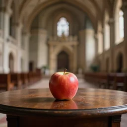 an apple is sitting on the table of a great hall in a castle, clear focus, bokeh effect, high res, hasselblad, dslr, professional, cinematic, 4 k octane render, gigapixel maximum upscale, trending on artstation, devianart, pinterest