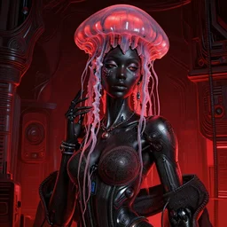 portrait of an absurdly beautiful, graceful, sophisticated, fashionable black cyberpunk mechanoid gravure idol, hyperdetailed illustration by irakli nadar, adut akech, matt wisniewski style, intricate linework, dark black skin, box jellyfish headdress, day - glow facepaint, unreal engine 5 highly rendered, global illumination, red light, detailed and intricate environment
