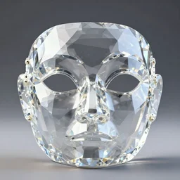 Photograph of a crystal mask in the style of low-polygon. 8k, HD, catalog photo