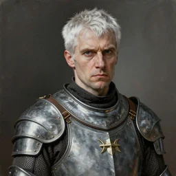 portrait painting of a sarcastic man with short white hair wearing a grey pelt gambeson, late 3 0 s. sharp focus, award - winning, trending on artstation, masterpiece, highly detailed, intricate. art by rebecca guay