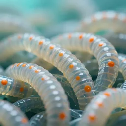 high quality close-up photo translucent biomechanic worms! gorgeous orange dots highly detailed hannah yata elson peter cinematic turquoise lighting high quality low angle hd 8k sharp shallow depth of field